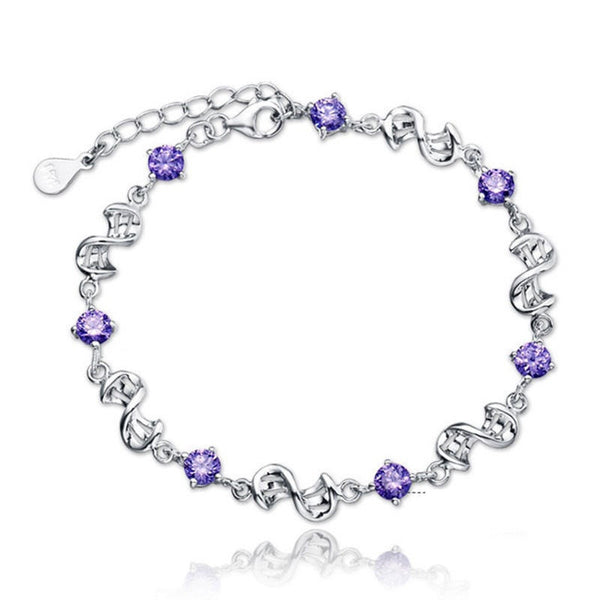 Womens 925 Sterling Silver Purple Crystal Love Chain Bracelet