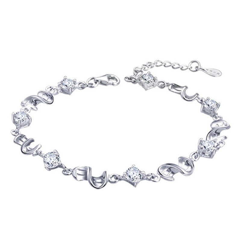Womens 925 Sterling Silver Purple Crystal Love Chain Bracelet